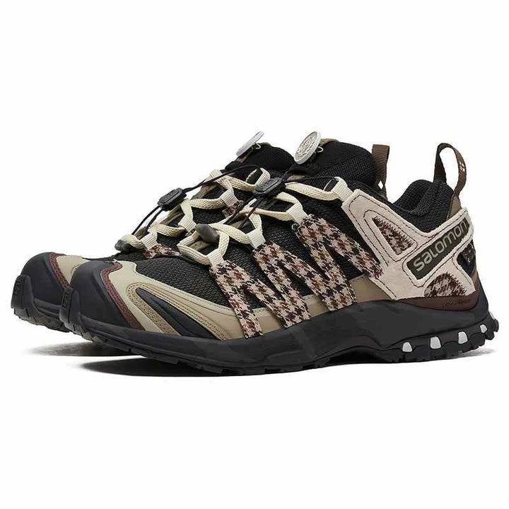 Salomon XA Pro 3D sneaker in beige, brown, and black with houndstooth pattern and Contagrip sole for high performance and style.