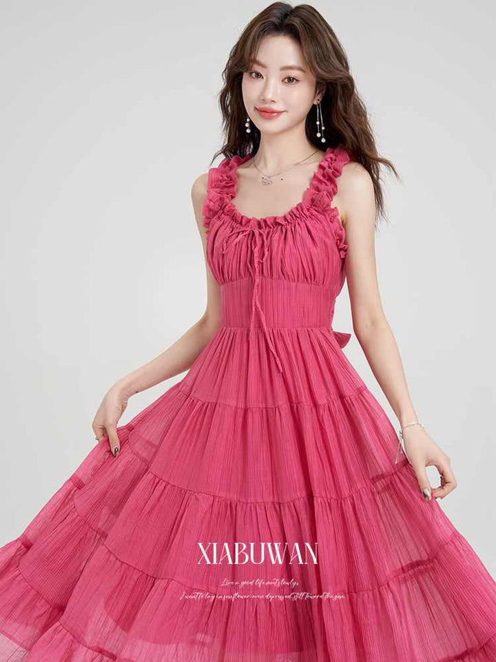 women's pink summer seaside resort dress with ruffled straps and layered skirt