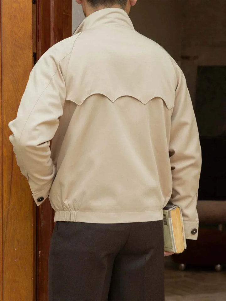Mr. Lusan Jacket retro waterproof beige jacket with velvet collar and classic button details, lightweight and stylish for rainy days