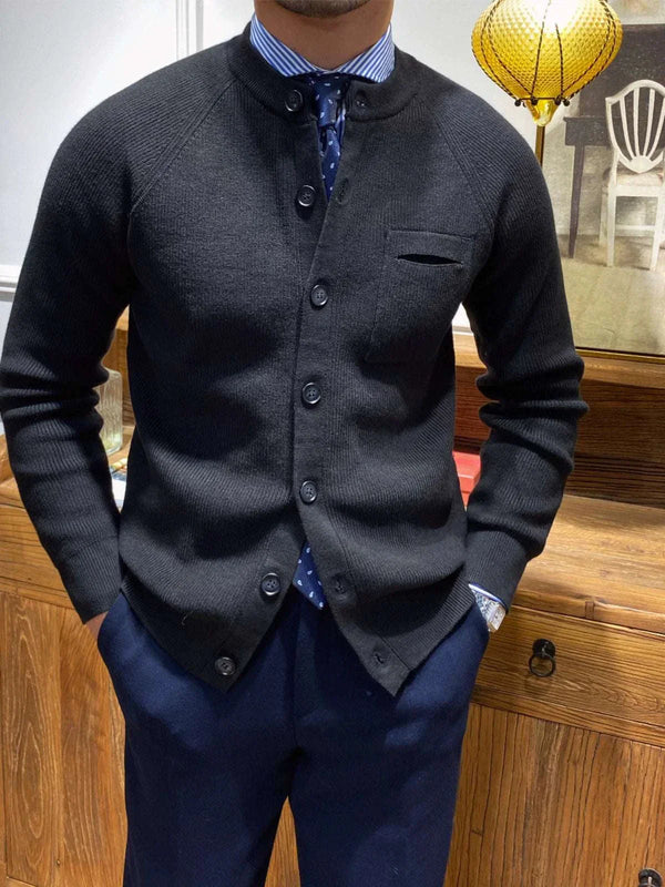Mr. Lu San British slim black cardigan jacket with button front and chest pocket