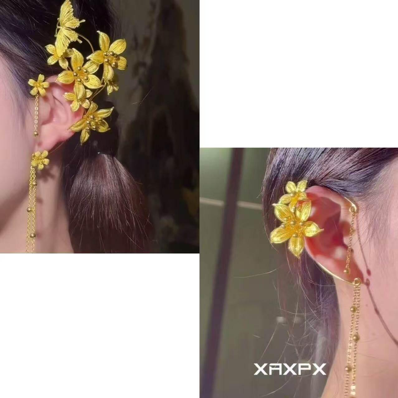 مشبك أذن Ear Cuff بتصميم زهور وفراشة بلون ذهبي.
