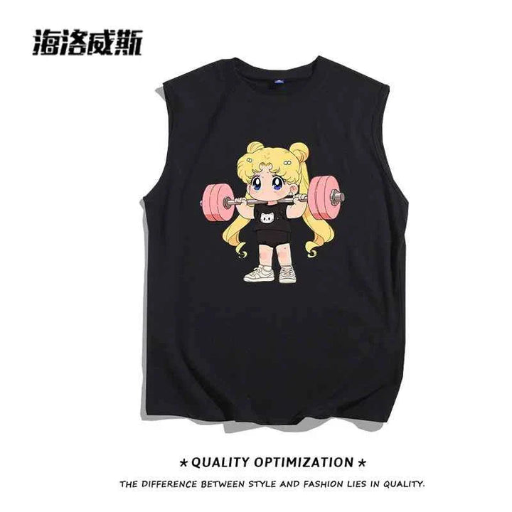 Black sleeveless athletic knit T-shirt for girls with a cute cartoon girl lifting pink weights design