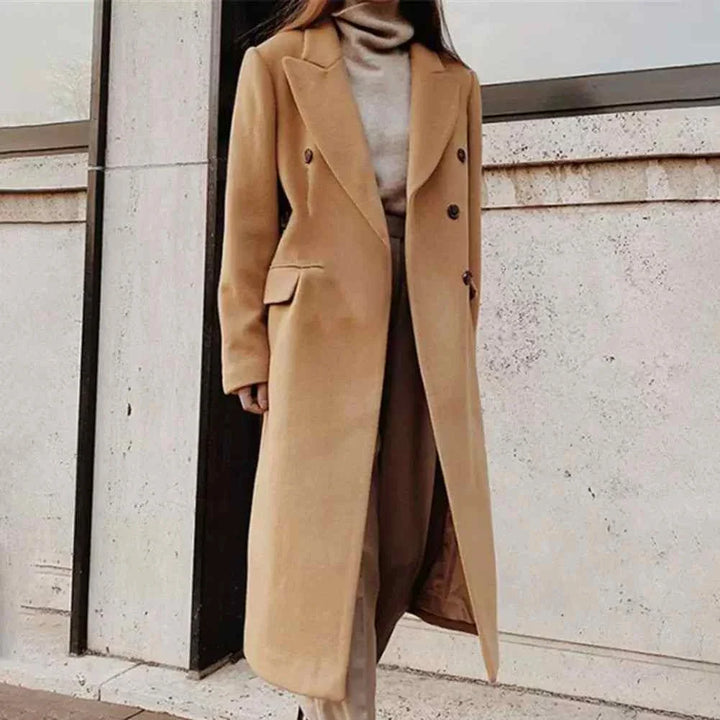 classic beige winter coat with double-breasted buttons and modern design for warmth and elegance