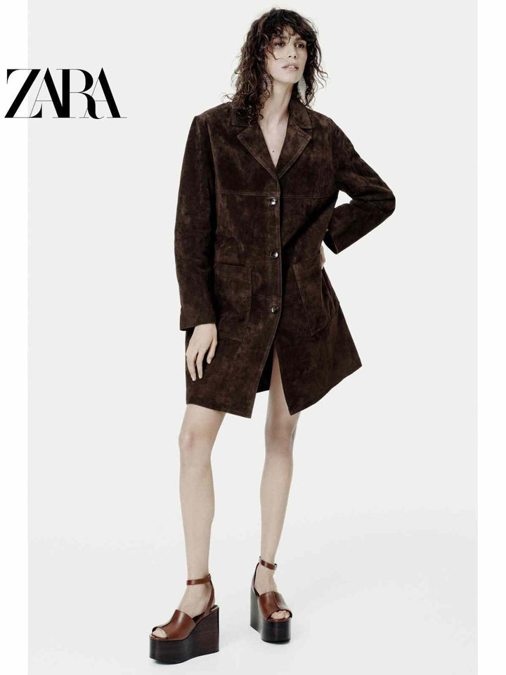 معطف نسائي من الجلد المدبوغ من مجموعة ZARA2025 خريف للنساء لون بني موديل أنيق