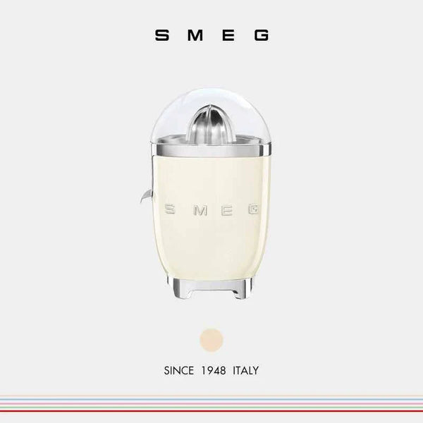 SMEG Smeagall CJF11 Italian citrus juicer with stainless steel reamer and transparent Tritan cover in cream color