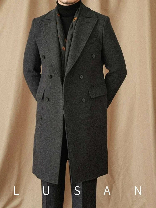 Mr. Lusan autumn كوت coat grey double-breasted herringbone pattern warm lined formal casual overcoat