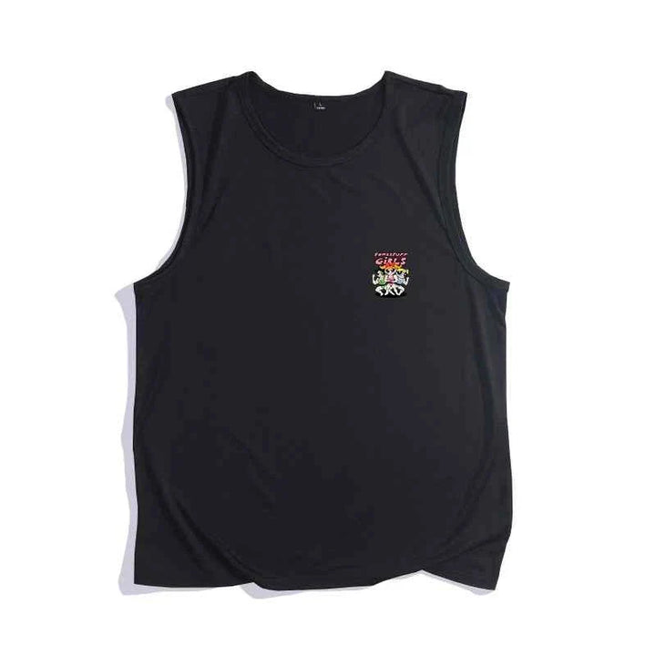 Black sleeveless Powerpuff Girls cartoon tank top with small colorful logo, summer casual tee