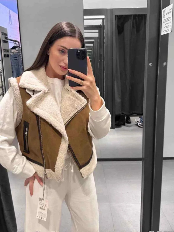 سترة قصيرة عكسية بياقة قائمة مع فرو متكامل للنساء خريف 6318236 بلون بني وأبيض
