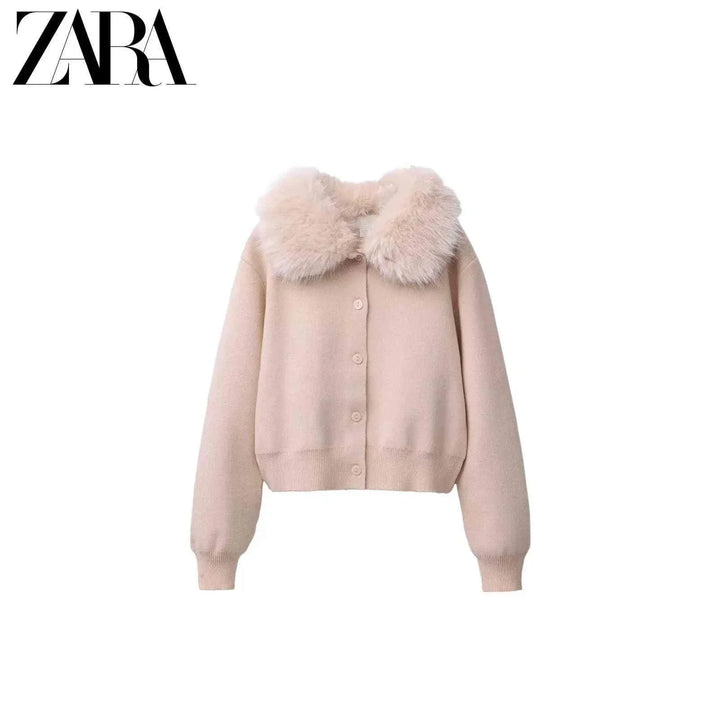 ZARA كارديجان نسائي أنيق بياقة فرو ناعم بلون وردي فاتح مناسب للكاجوال والرسمية