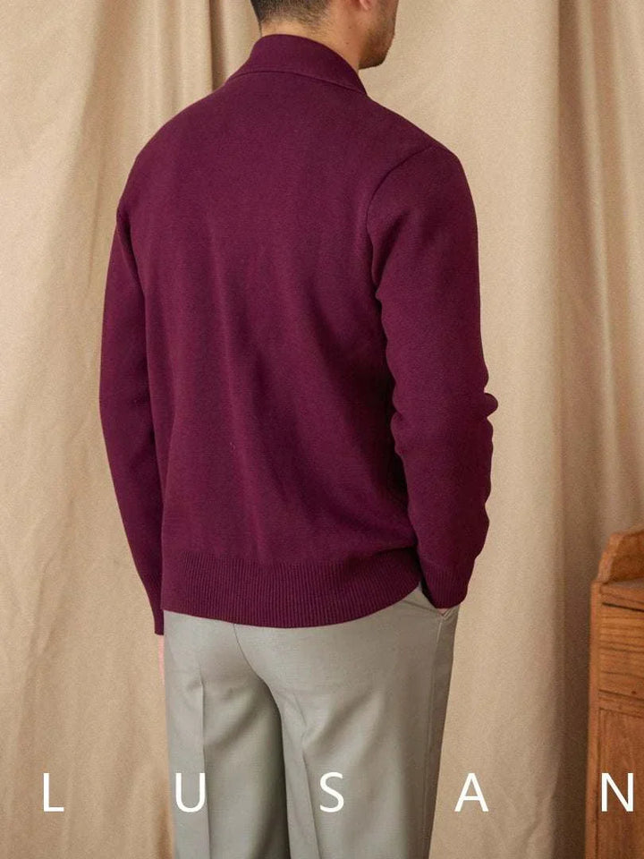Mr. Lu San's jacket slim British light cardigan in deep purple with ribbed edges and rounded collar