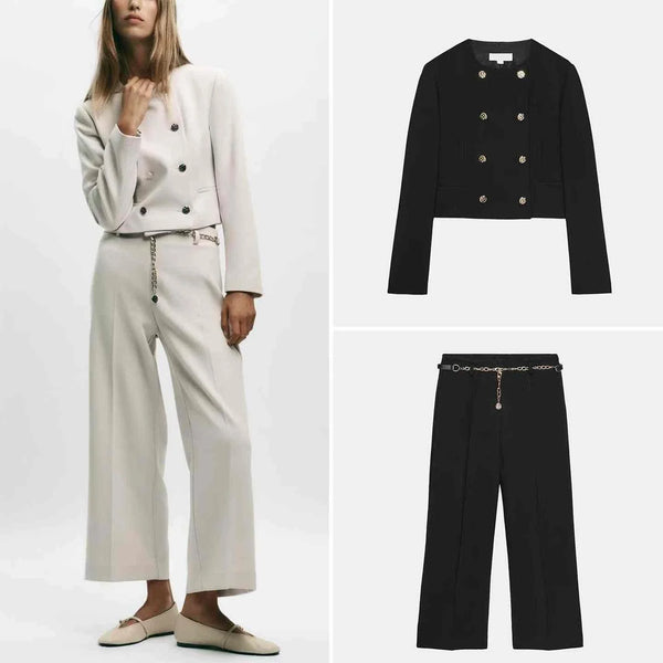 Women's European and American style double-breasted jacket with chain belt trousers in beige and black for autumn 2025
