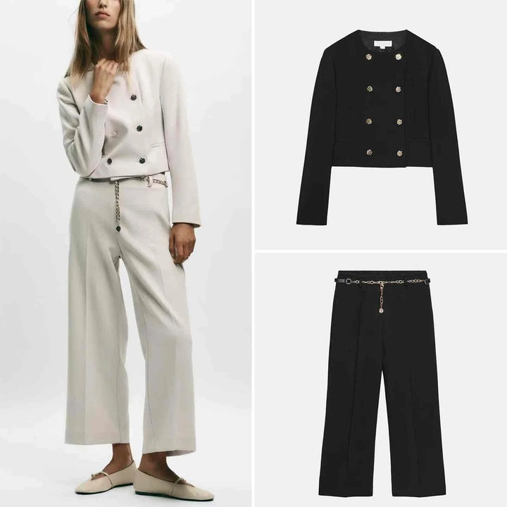 Women's European and American style double-breasted jacket with chain belt trousers in beige and black for autumn 2025