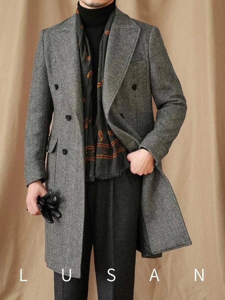 Mr. Lusan autumn كوت coat grey double-breasted wool blend with herringbone pattern and tailored fit for autumn and winter.