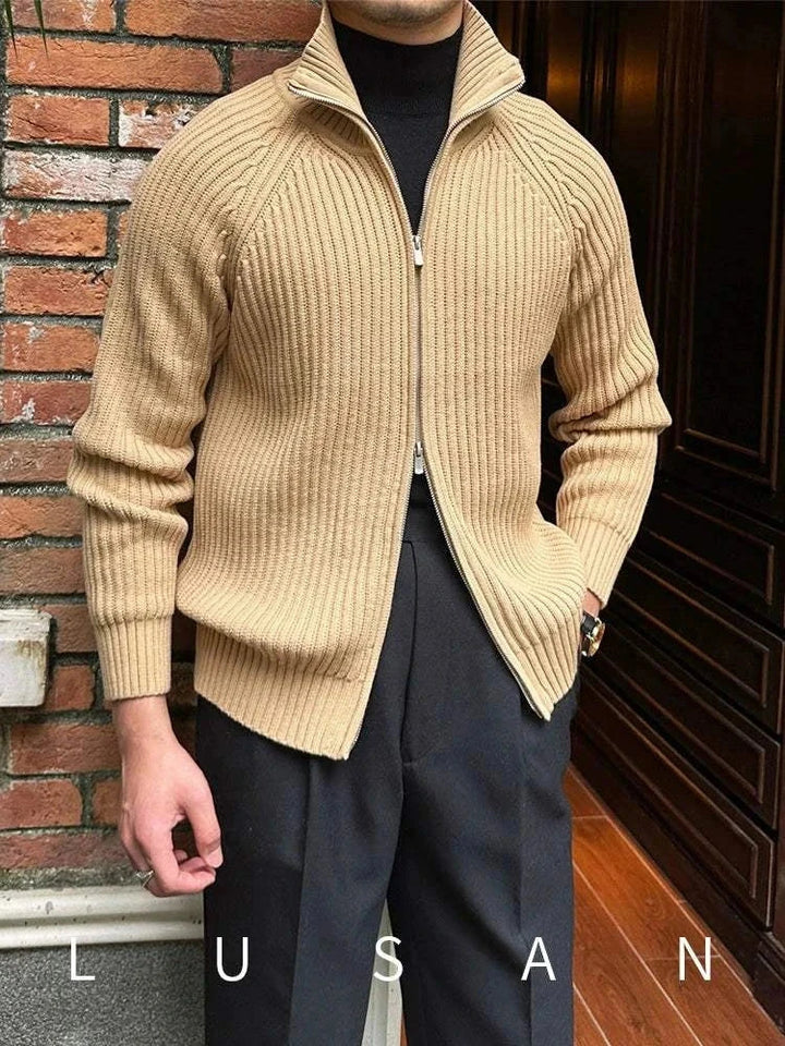 Mr. Lusan cardigan retro slim beige ribbed knit with double zipper and high collar, stylish men's slim fit outerwear