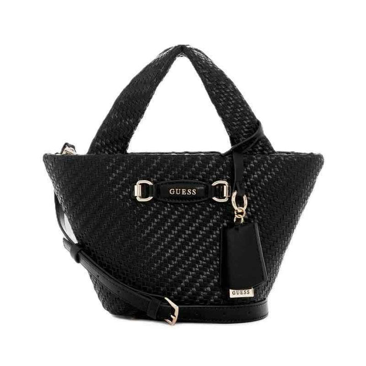 Black woven synthetic leather GUESS handbag with top handle and detachable adjustable shoulder strap.