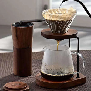 HARIO Walnut V60 Coffee Filter Cup and Grinder.