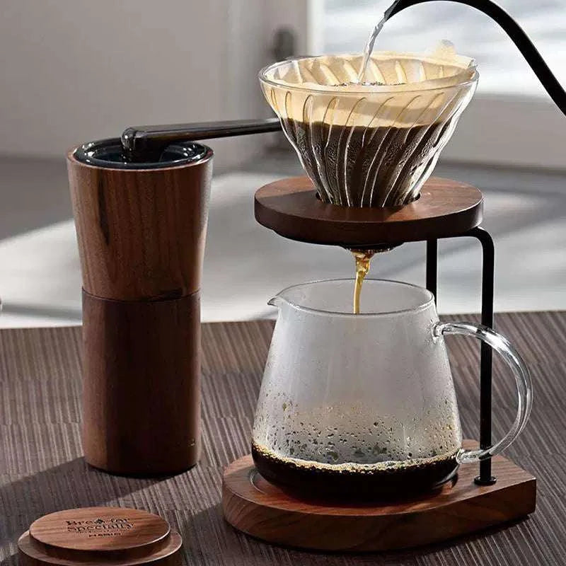 HARIO Walnut V60 Coffee Filter Cup and Grinder.
