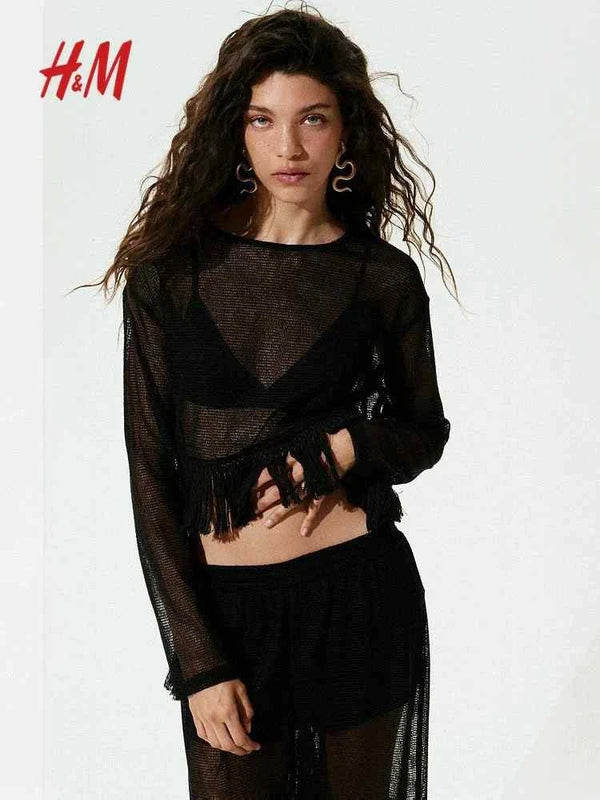 Black mesh blouse with mango tassels by HM.اتش اند ام