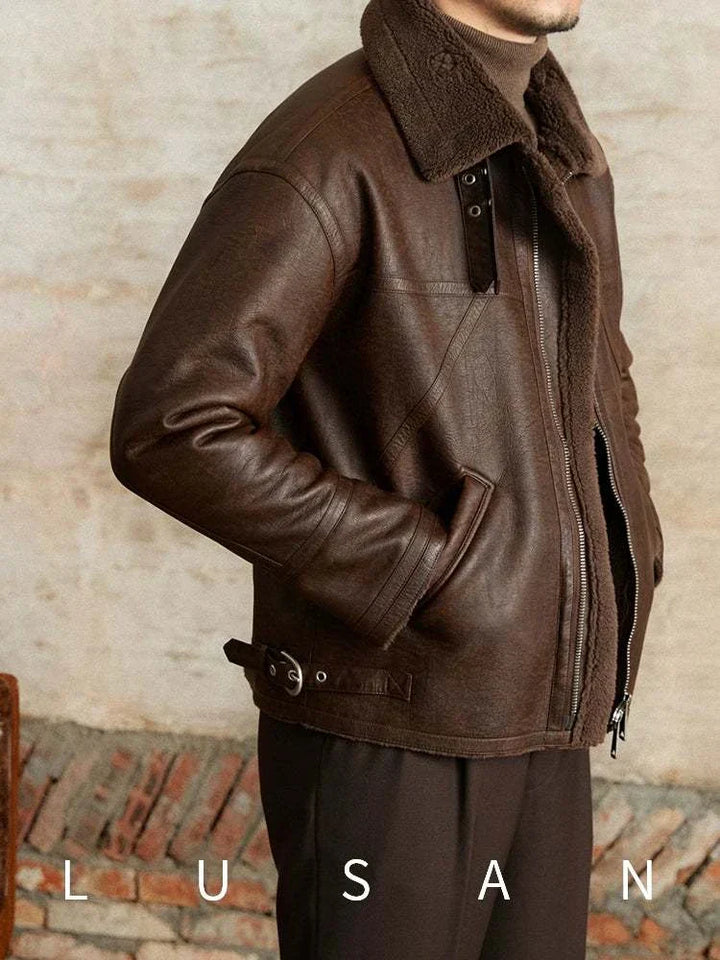 Mr. Lu San leather jacket brown soft leather with sherling lining and metal zipper details