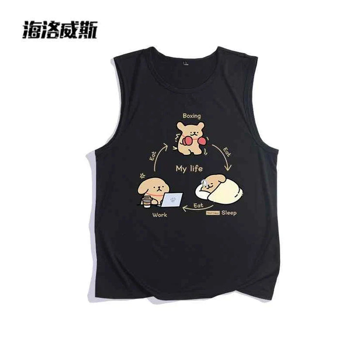 Black sleeveless cartoon "My Life" cotton t-shirt with humorous daily routine design