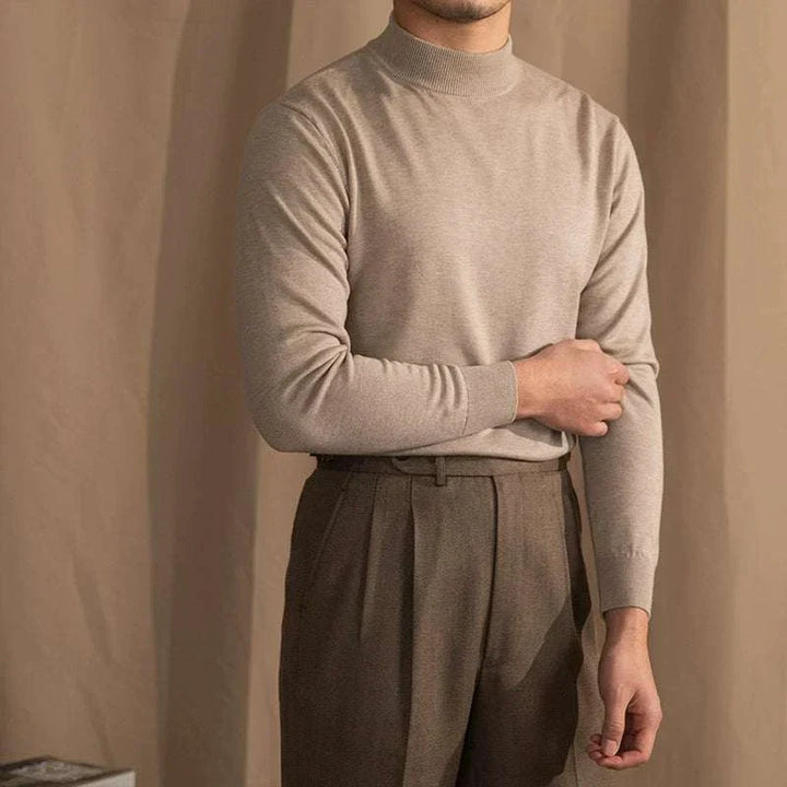 Mr. Lu San's 30% wool slim fit half-high neck sweater in beige, soft and warm with elastic cuffs and hem for a sleek look