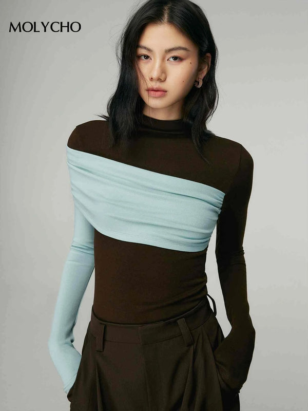 MOLYCHO تيشيرت نسائي بياقة نصف عالية وأكمام طويلة بتصميم ألوان متداخلة Slim Fit | MOLYCHO Women's Top