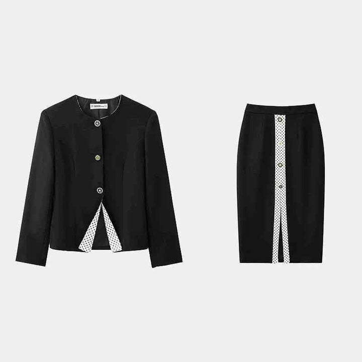 ZA Women's New Spring 2025 retro contrast spliced black long sleeve blazer and high-waisted skirt suit