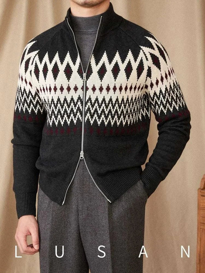 Mr. Deer Three Indian Sweater slim fit cardigan with geometric diamond pattern and double zipper in charcoal and white colors
