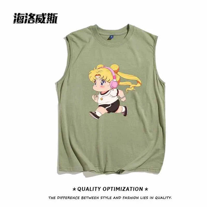 Green sleeveless cartoon printed t-shirt with playful girl design, soft cotton, casual summer wear