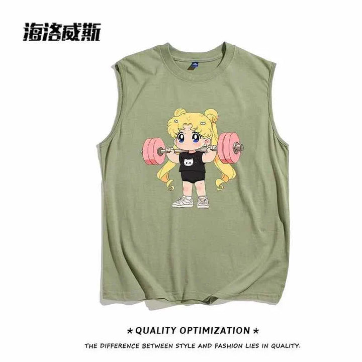 Sleeveless green girls' sports cut t-shirt with cartoon girl lifting pink weights and cat design, soft cotton fabric.