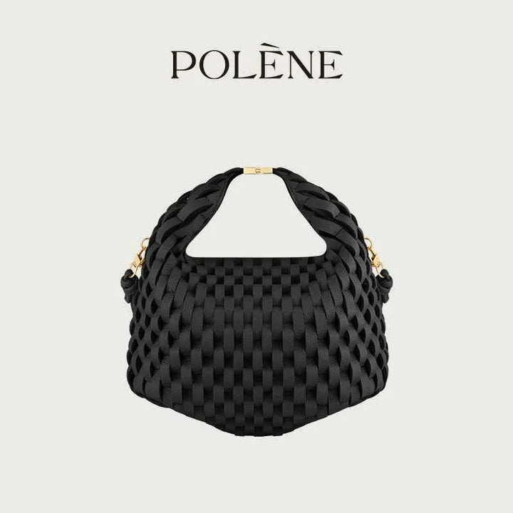 Polène Béeri black woven leather handbag with top handle and gold-toned metal clasp.