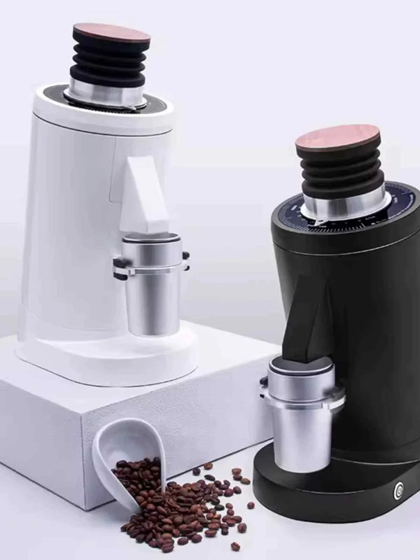 Italian DF83 Grinder in black and white variants with coffee beans and dosing accessories for professional espresso and filter coffee grinding.