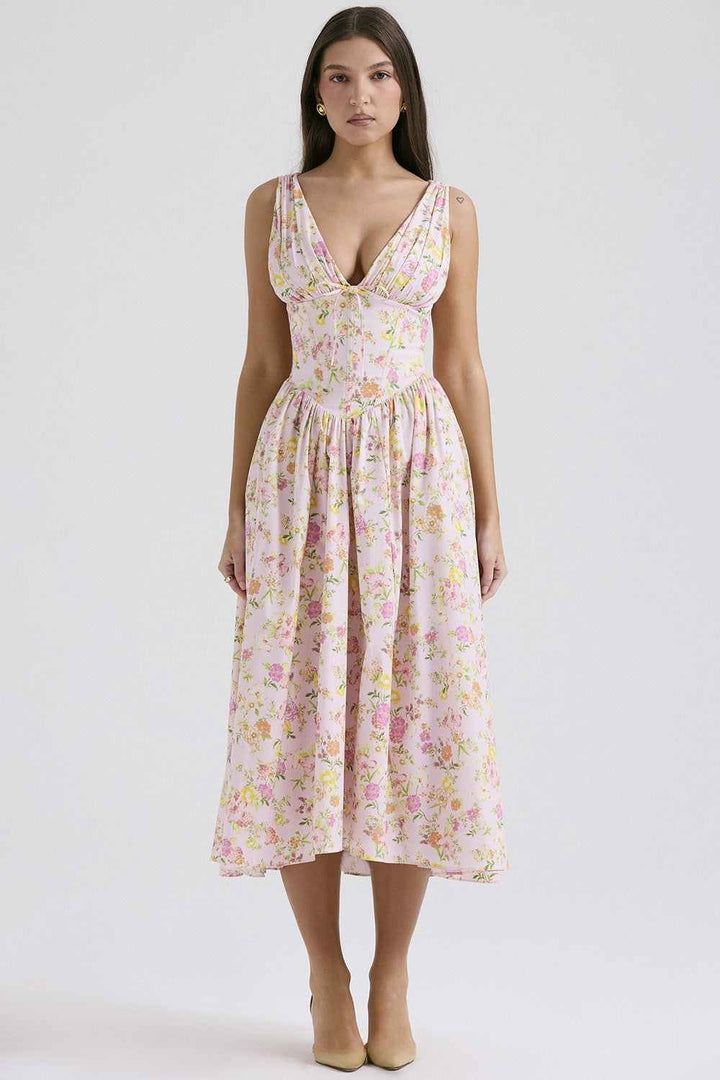 European and American style floral print V-neck dress, slim and elegant, perfect for summer fashion.