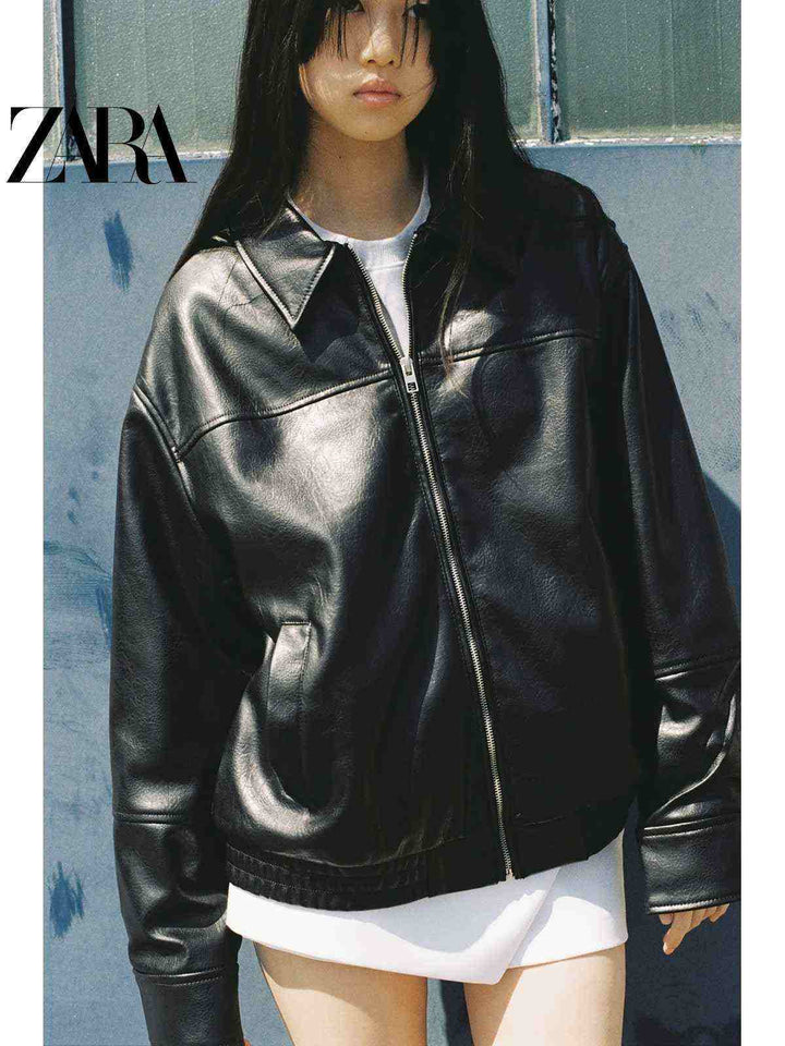 سترة بومبر نسائية من الجلد الصناعي بياقة من مجموعة ZARA2025 new spring لون أسود أنيق