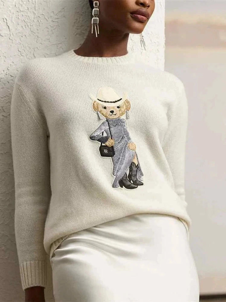كنزة نسائية بياقة دائرية تطريز دب تصميم كارتون تناسب ضيق لفصل الخريف والشتاء