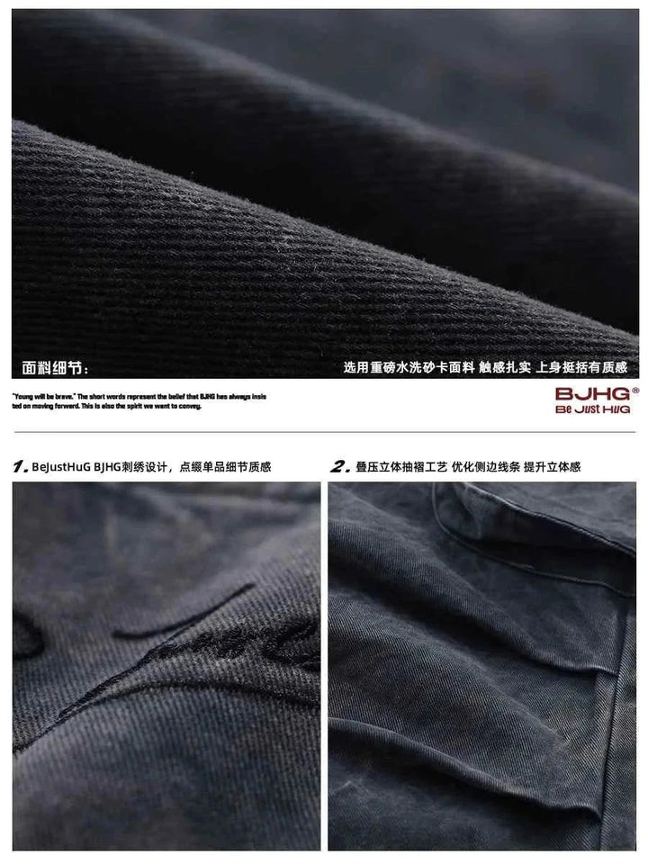 Close-up texture and design details of a long black cargo denim skirt with side pockets and washed fabric finish.