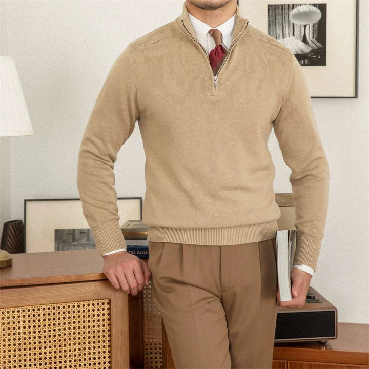 Mr. Lusan Italian slim stand collar sweater in beige with zipper detail and ribbed cuffs, styled for a sophisticated casual and formal look