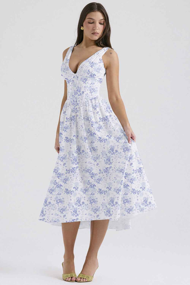 European style fashion print V-neck long slip dress, independent station summer collection 2025.