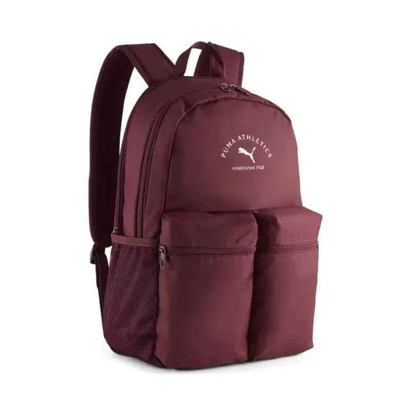 PUMA Athletics burgundy backpack with multiple zippered pockets and padded adjustable strapsشنطة بوما