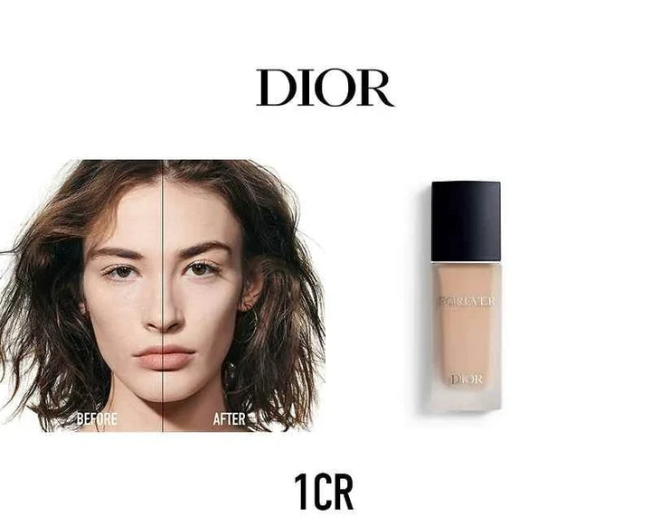 Dior Forever Foundation luxury set showing before and after skin coverage with radiant natural finish and hydrating formula.