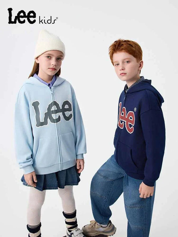 Two kids wearing stylish Lee kids sweatshirts in light blue and navy colors with hood and front pockets