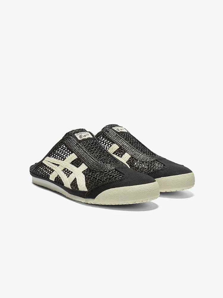 حذاء Onitsuka Tiger MEXICO 66 SABOT أسود كلاسيكي شبكي بظهر مفتوح لسهولة الارتداء وشعار جانبي أبيض.
