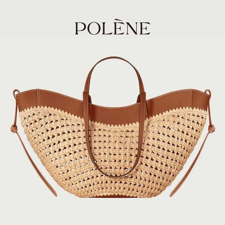 Polène Cyme raffia and cowhide leather crochet tote bag with adjustable shoulder strap