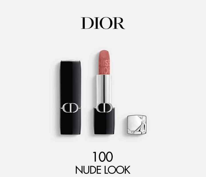 Dior Miss Dior limited edition Fall 2025 lipstick in shade 100 Nude Look with sleek black and silver packaging