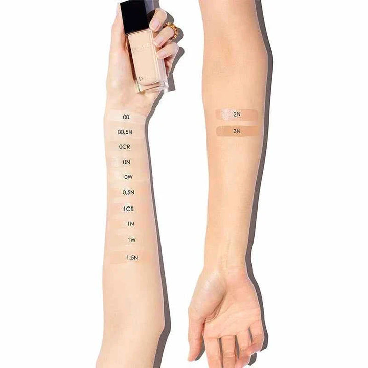 Dior Forever Foundation luxury set showing multiple foundation shades swatched on arms for perfect skin match.