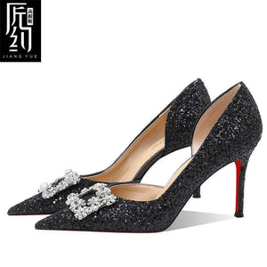 Christiana  حذاء كعب عالي Jiang Yue بتصميم لامع ومشبك كريستال فخم.