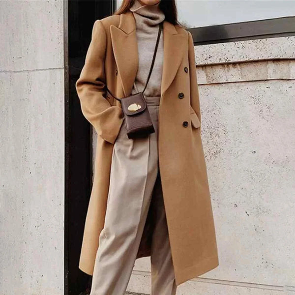 Classic winter coat with modern design and double buttons in beige color, styled with turtleneck and trousers