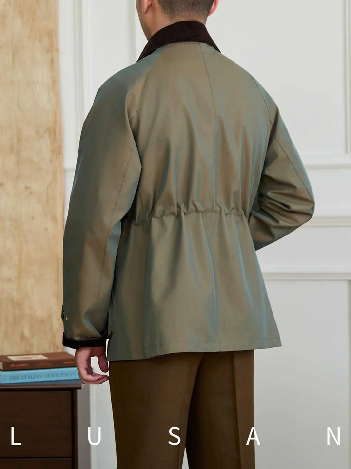 Mr. Lu San British Gabardian olive gabardine jacket with dark brown corduroy collar and adjustable cuffs shown from back
