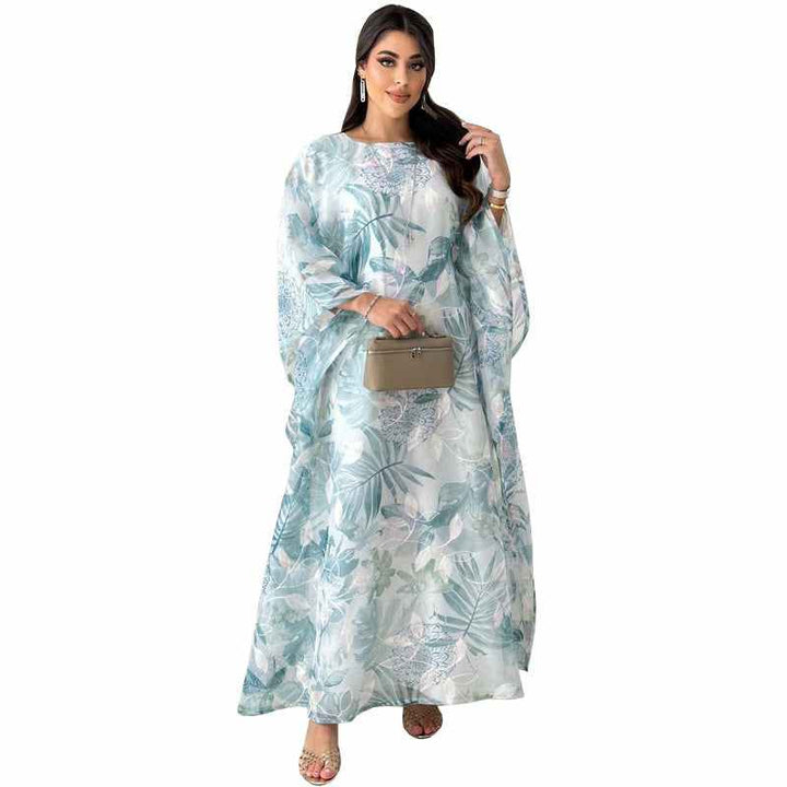 Elegant chiffon floral print dress with loose fit and wide sleeves for spring and summer, MQ140 modest.