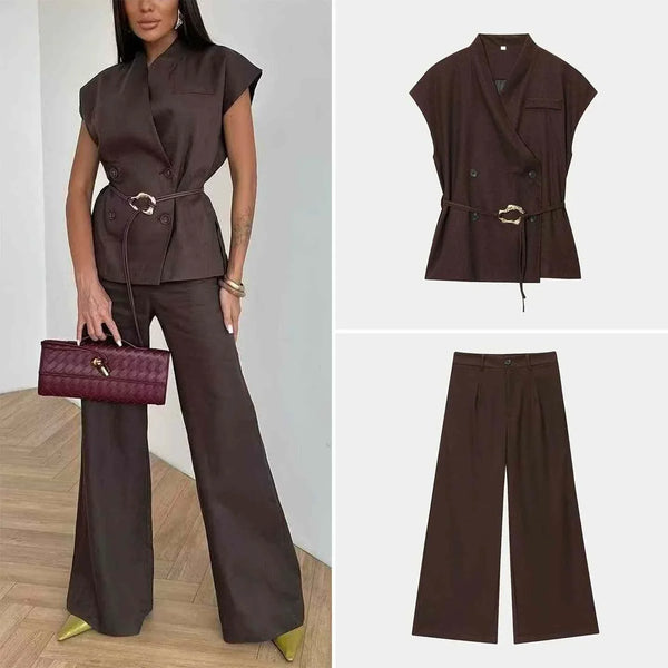 casual trousers style women's summer outfit with gold buckle top and solid casual trousers in dark brown